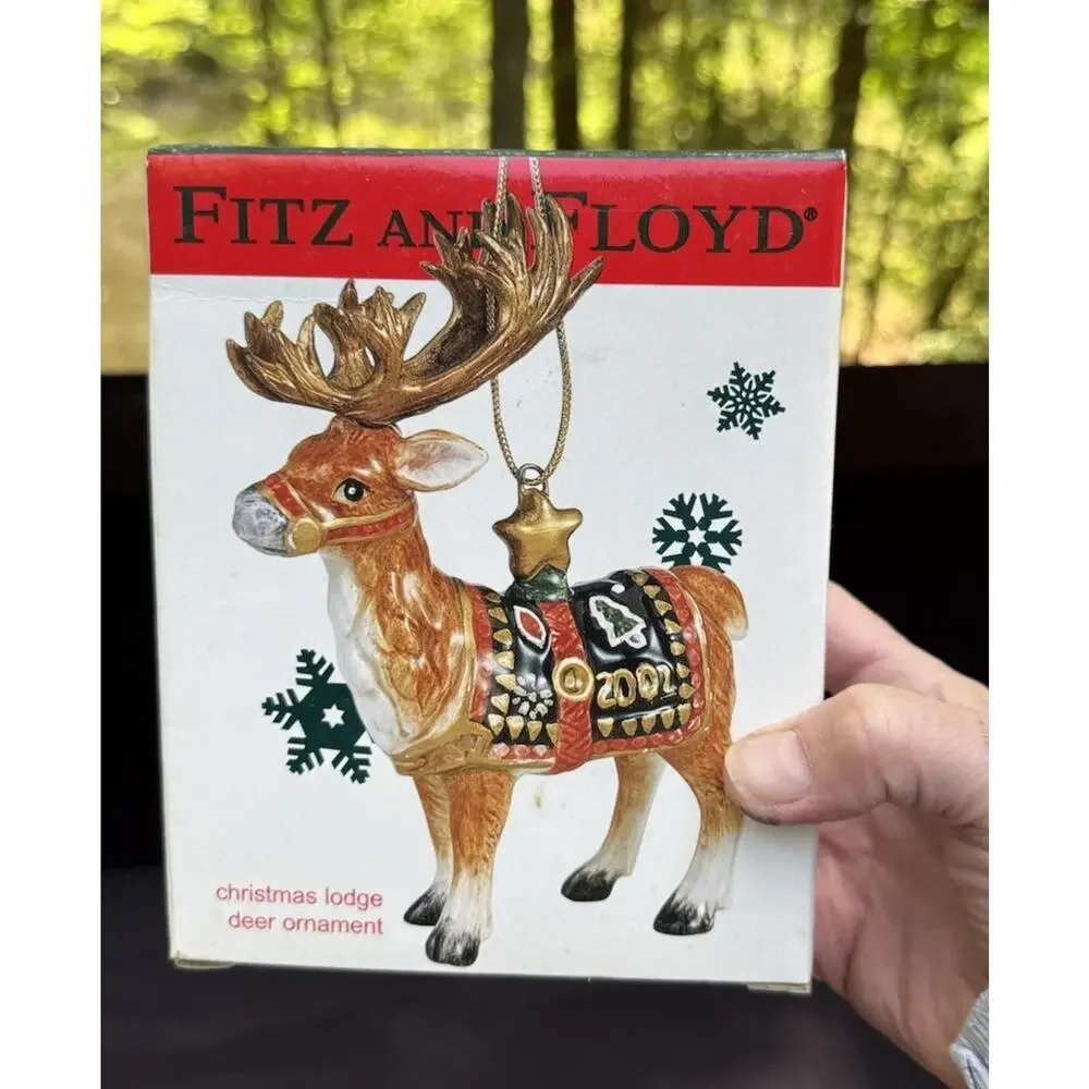 New Fitz and Floyd 2002 Reindeer Christmas Ornament Hand Painted Ceramic -46D